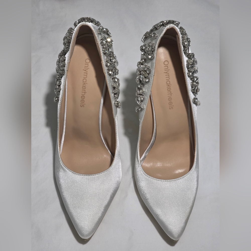White Silver Rhinestones Embellished High Wedding Shoes Heels Size 8